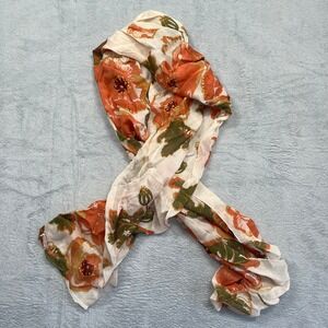 Zazou Floral Poppy Scarf Womens Orange Cream Sheer Rayon Rectangular Boho Wrap